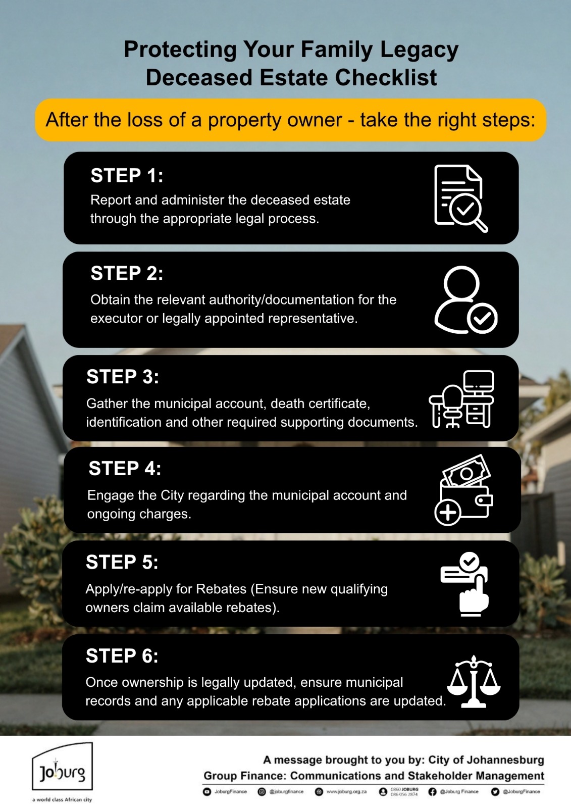 City of Johannesburg deceased estate checklist covering municipal accounts, supporting documents and rebate updates